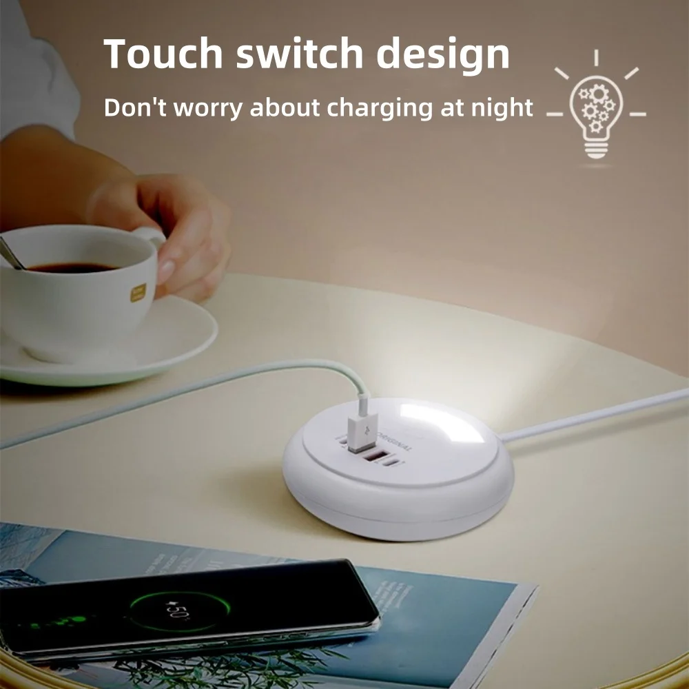 USB C Plug-in Charger Total 50W Multi-Port with Creative Round Touch LED Night Light Intelligent Fast Charging Type-C PD Charger - Image 2