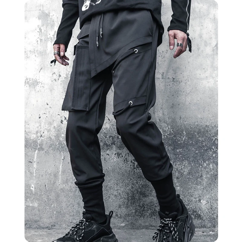 ARENS Tactical Functional Cargo Trousers Men Hip Hop Streetwear Elastic Waist Pants Joggers Irregular Multi-pocket Pant Black