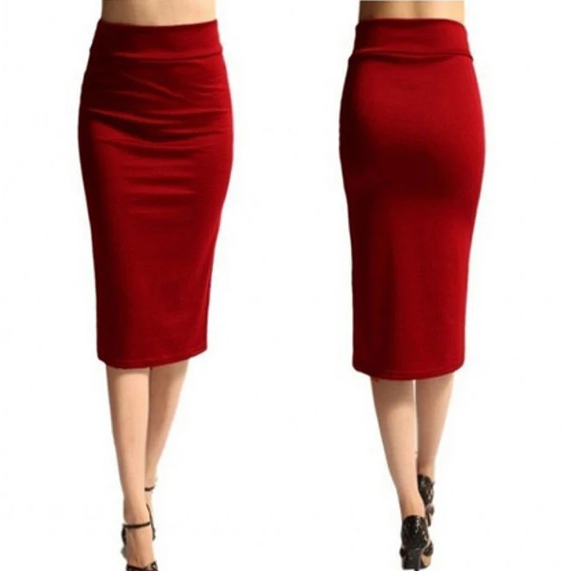 Skinny Pencil Skirt Women Female High Waist Mid-Calf Jersey Skirts Plus Size Fashion Ladies Office Stretch Bodycon Midi Skirt