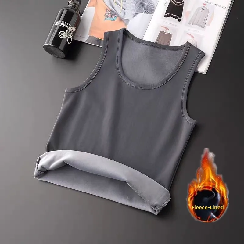 Men's Thermal Fleece Lined Thickened Vest Warm Tight Fit Underwear Seamless Cotton Tank Top Inner Wear Shoulder Pad Trendy