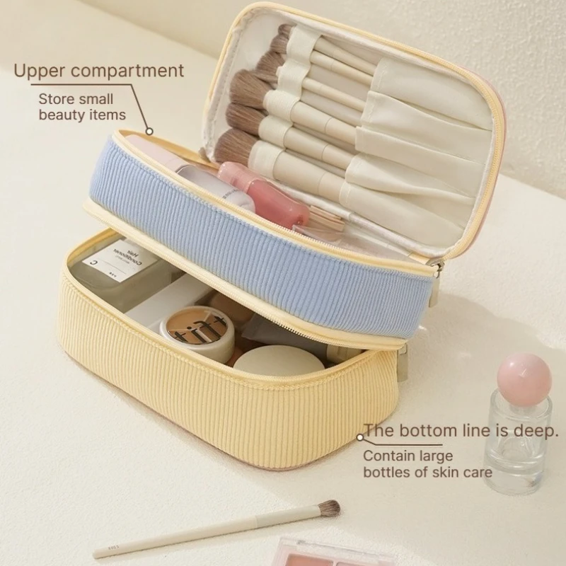 A New double-layer makeup bag, corduroy travel partition makeup brush storage bag, handheld large capacity toiletry bag
