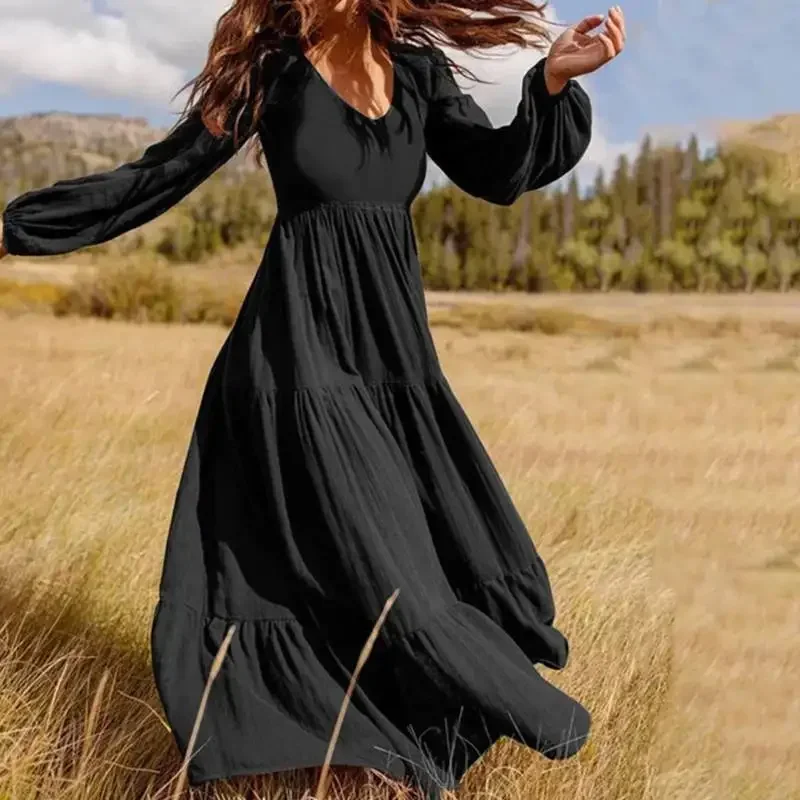 Elegant V-neck High Waisted Ruffle Spliced Long Dress Autumn Streetwear Women's Large Swing Dress Платье Женское Femme Robe