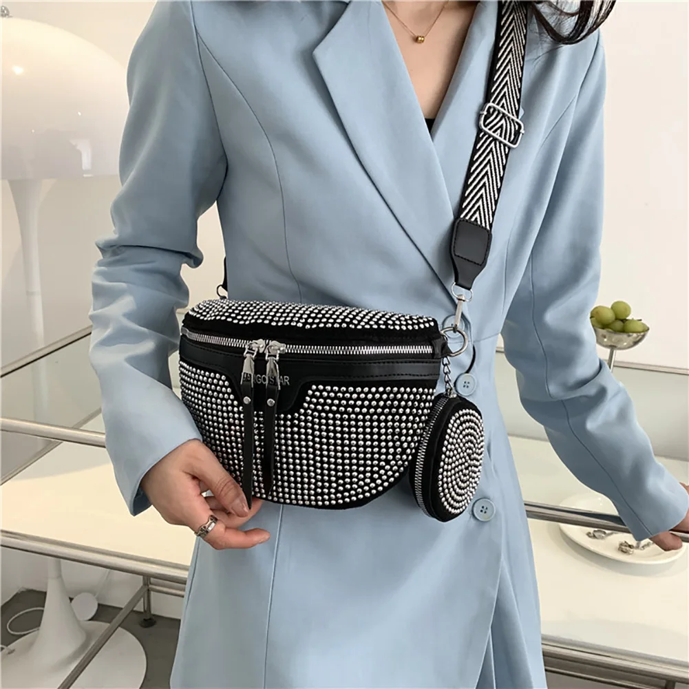 Fashion Rhinestone Waist Belt Bag Women Chest Crossbody Pack PU Bling Fanny Pack for Outdoor Shopping Business