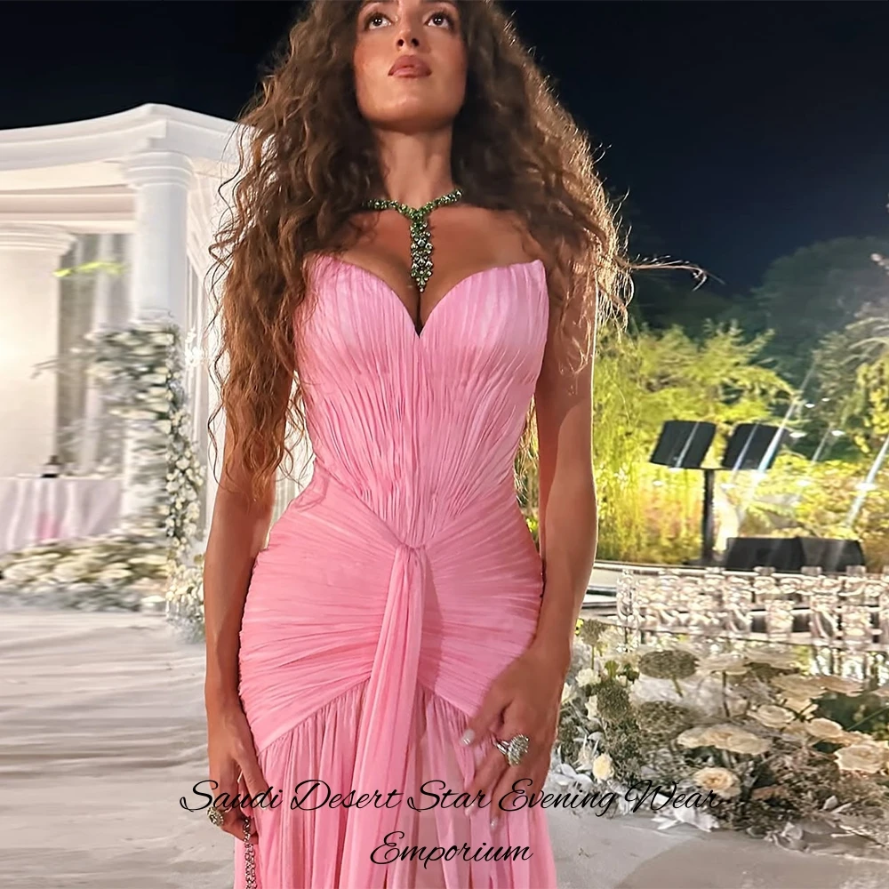 Pink Organza Evening Dress Customized Sexy Sweetheart Sleeveless Celebrity Gowns Classic Mermaid Sweep Train Prom Dresses