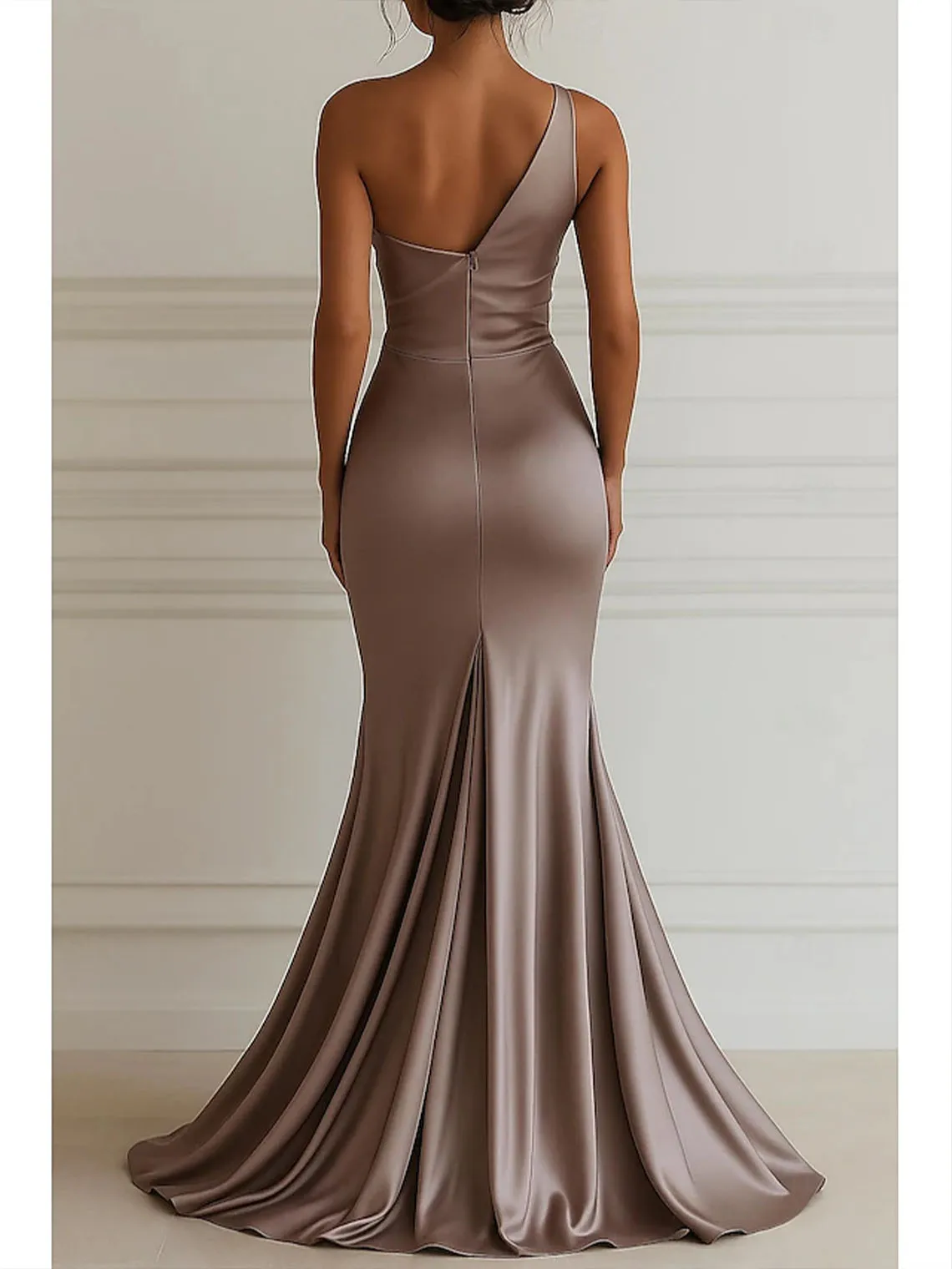 우아한 머메이드 이브닝 드레스 원숄더 슬리브리스 플로어 길이 스트레치 새틴 플리츠 웨딩 게스트 드레스 2025 무료 맞춤 제작