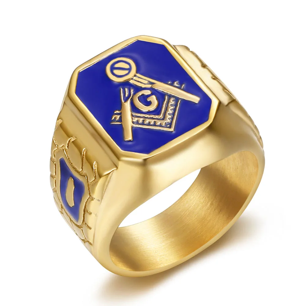 Vintage Gold Blue Color Side for Men's Jewelry Freemason Symbol G Templar Freemasonry Male Stainless Steel Rings