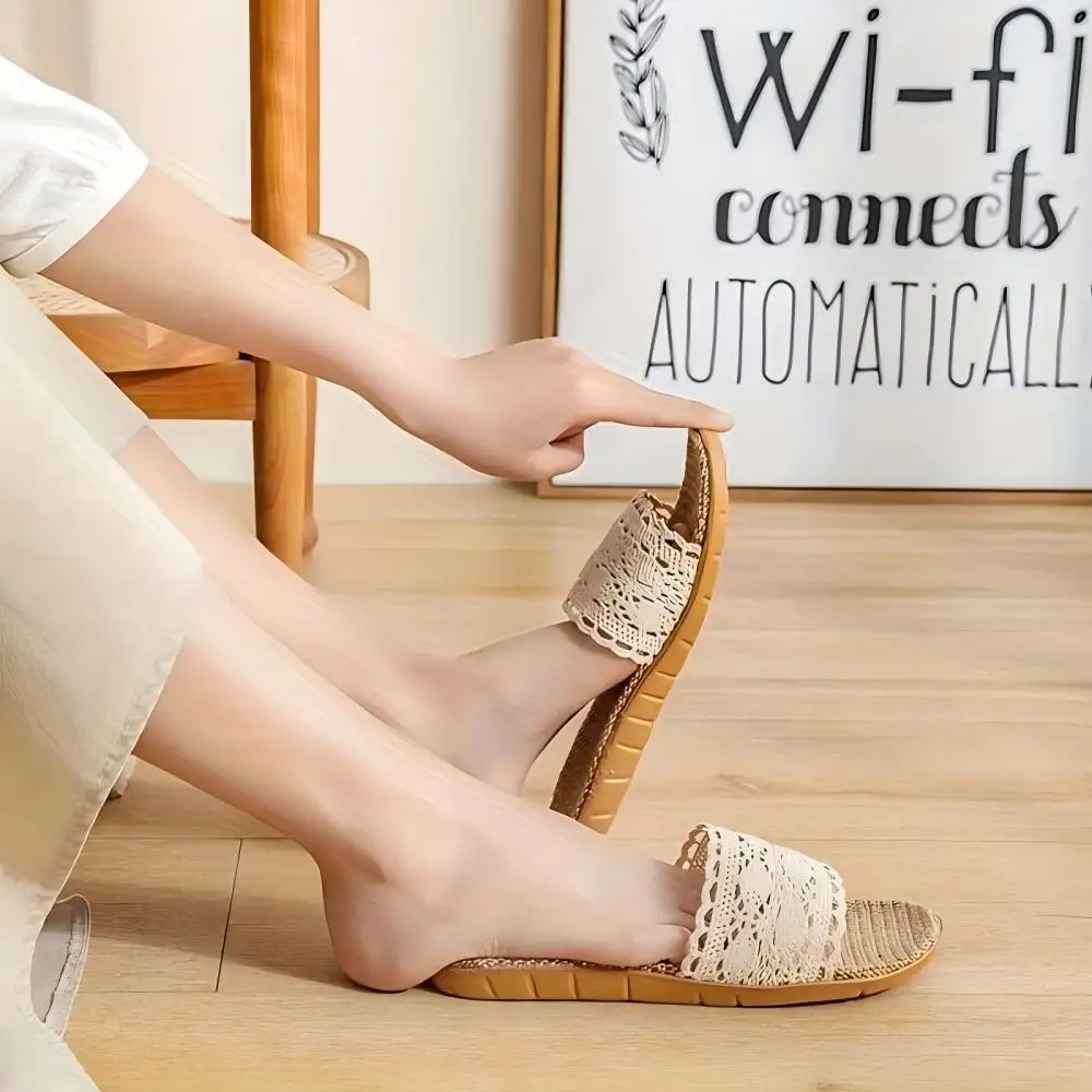 Women's Lace Hollow-Out Linen Home Slippers, Indoor Non-Slip