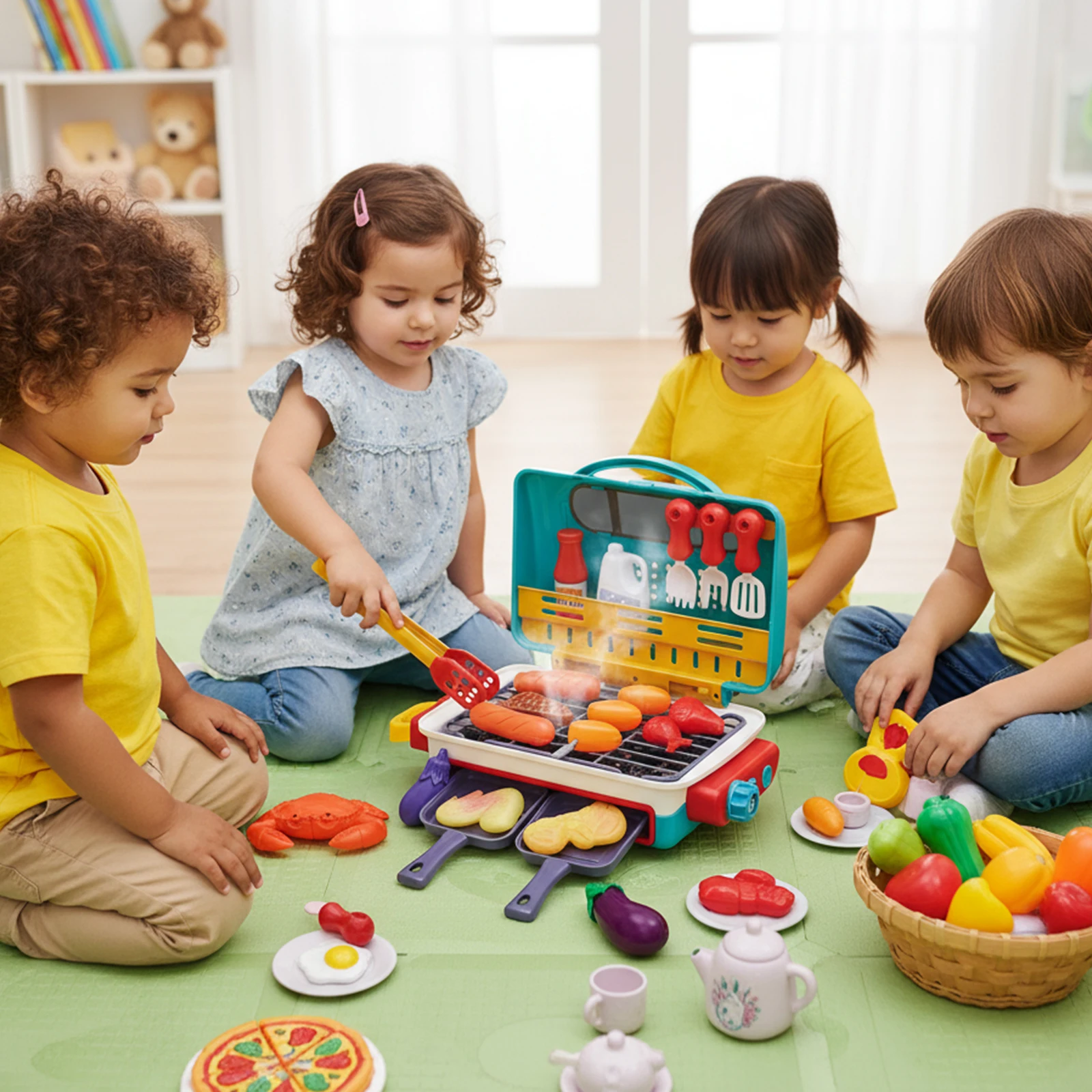 Zabawki kuchenne dla dzieci z dymem, światłem, dźwiękiem i jedzeniem zmieniającym kolor, zabawka do grillowania, zabawka do gotowania wewnątrz i na zewnątrz dla dzieci, prezenty świąteczne.