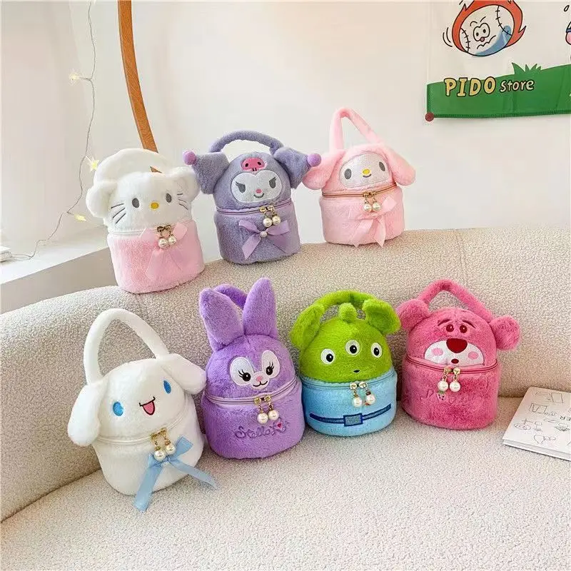 Sanrio Plush Handbag Cute Cartoon Melody Cosmetic Bag Fashionable Girl Crossbody Kids Bag Large Capacity Portable Storage Bag