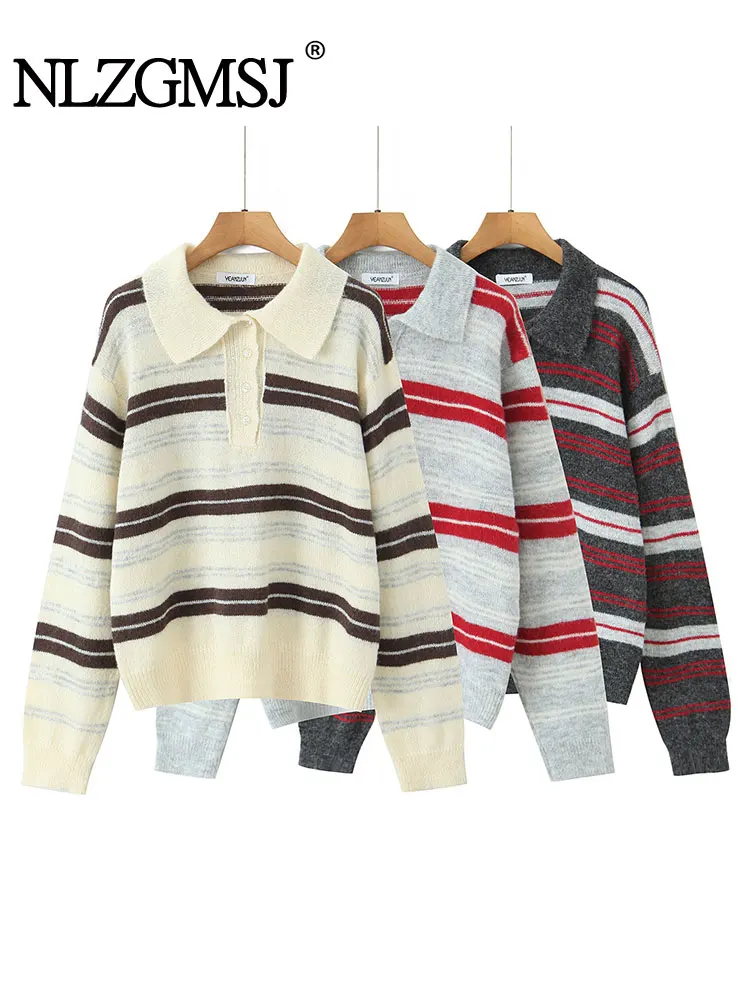 

NLZGMSJ Vintage Casual Women Sweater Striped Long Sleeve Knitted Loose Sweater Fashion 2025 Autumn Holiday Sweater