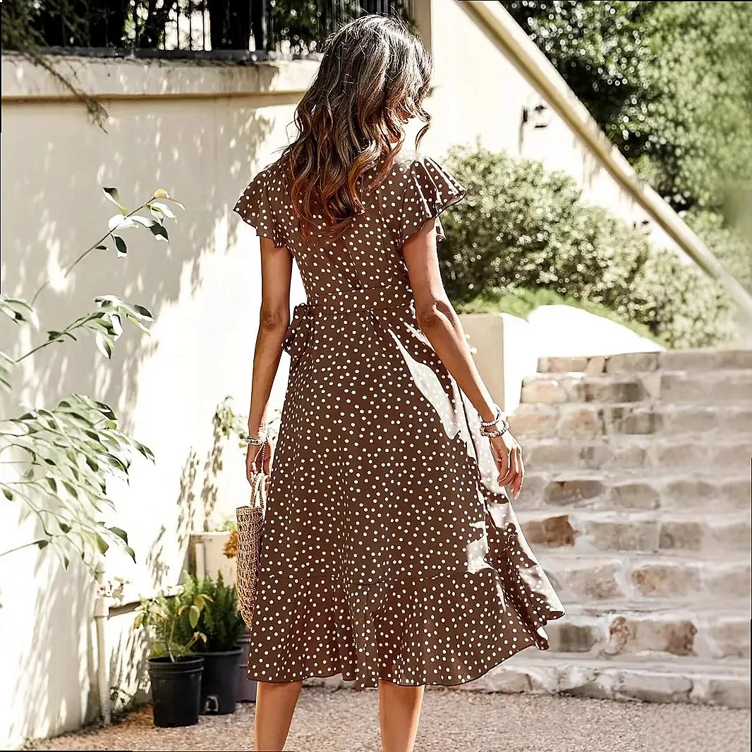 Summer V Neck Printed Short Sleeve Dress Tie Ruffle Hem Dresses Jumpsuit Playsuit Matching Set view 3