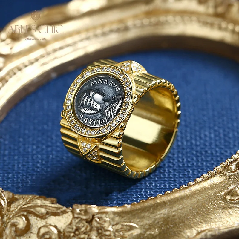 Ables Chic Ancient Roman Empress Julia Domna Silver Coin Wide 18K Gold Two Tone Solid 925 Silver Roman Coins Vintage Ring R1002