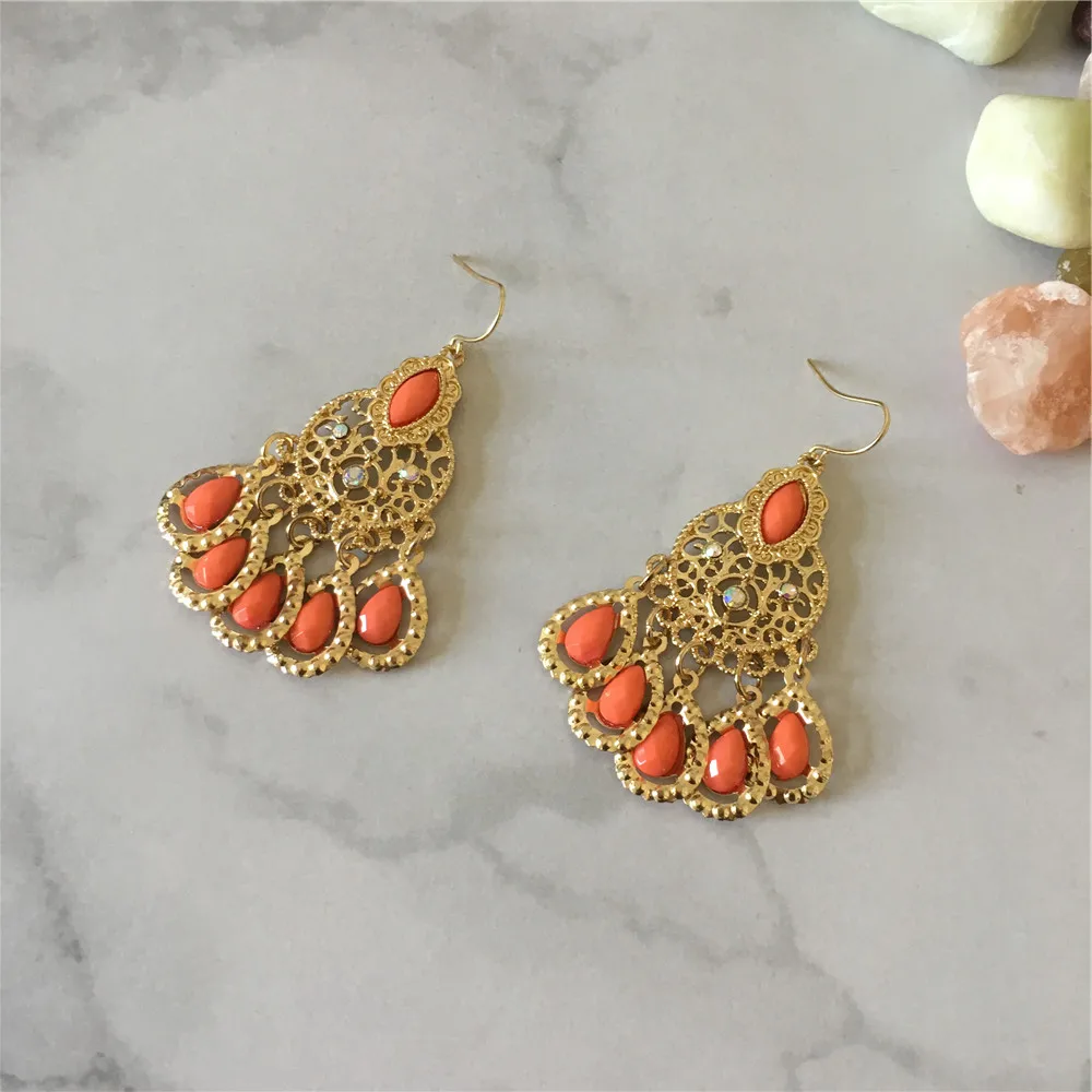 Boho Style Women Earrings Gold Color Plating Orange Stone Decortion Dangle Earrings for Women 2020