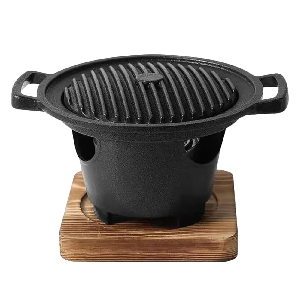 

1 set Small Indoor Barbecue Grill With Wooden Board Non-Stick Aluminum Plate Smoke-Free Design For Kebabs Chicken Fish