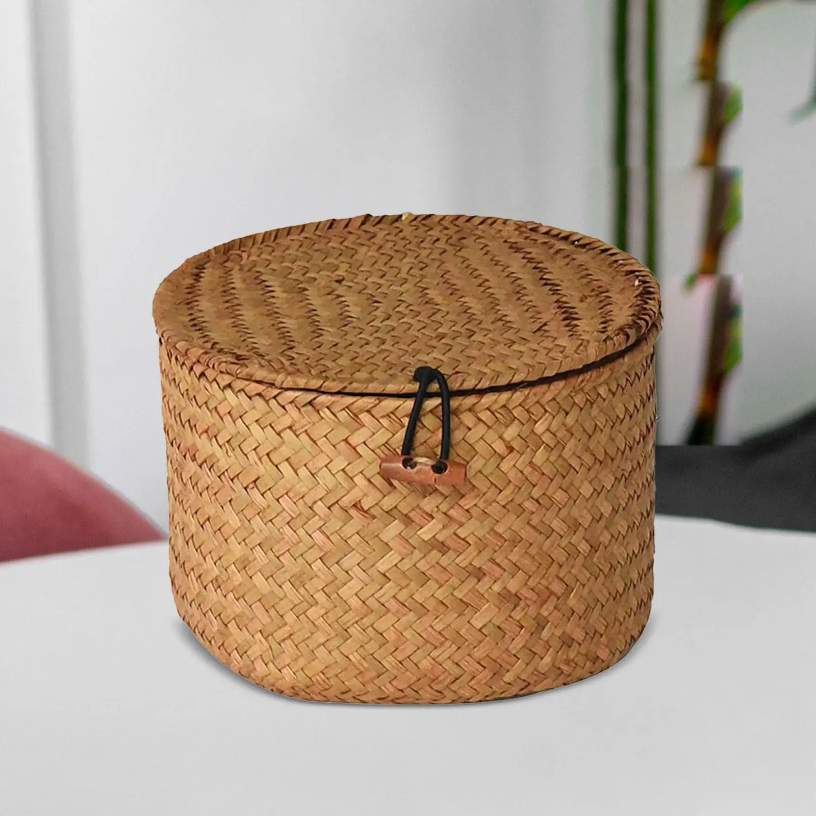 Handmade Seagrass Laundry Basket with Lid Desktop Storage Box for Bedroom Cosmetic Bread Snacks Dresser Household Organizer