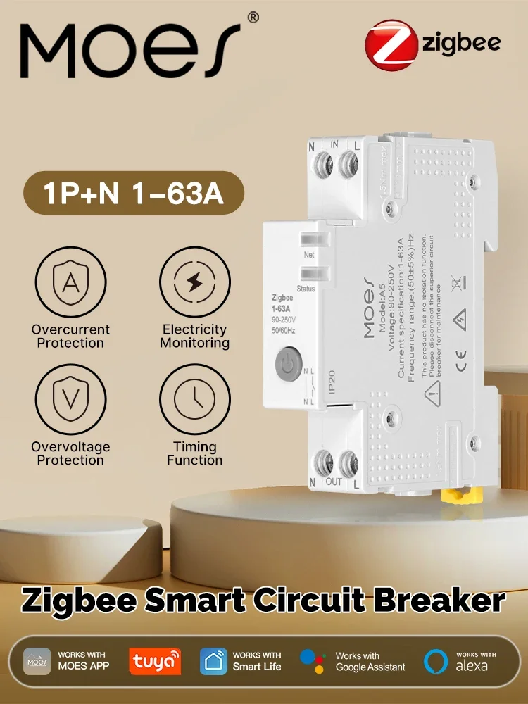 MOES Tuya Zigbee slimme stroomonderbreker 63A met alarmdrempelset Brandwerende brandvertragende elektriciteitsmonitor V0 Controle via APP A - afbeelding 2