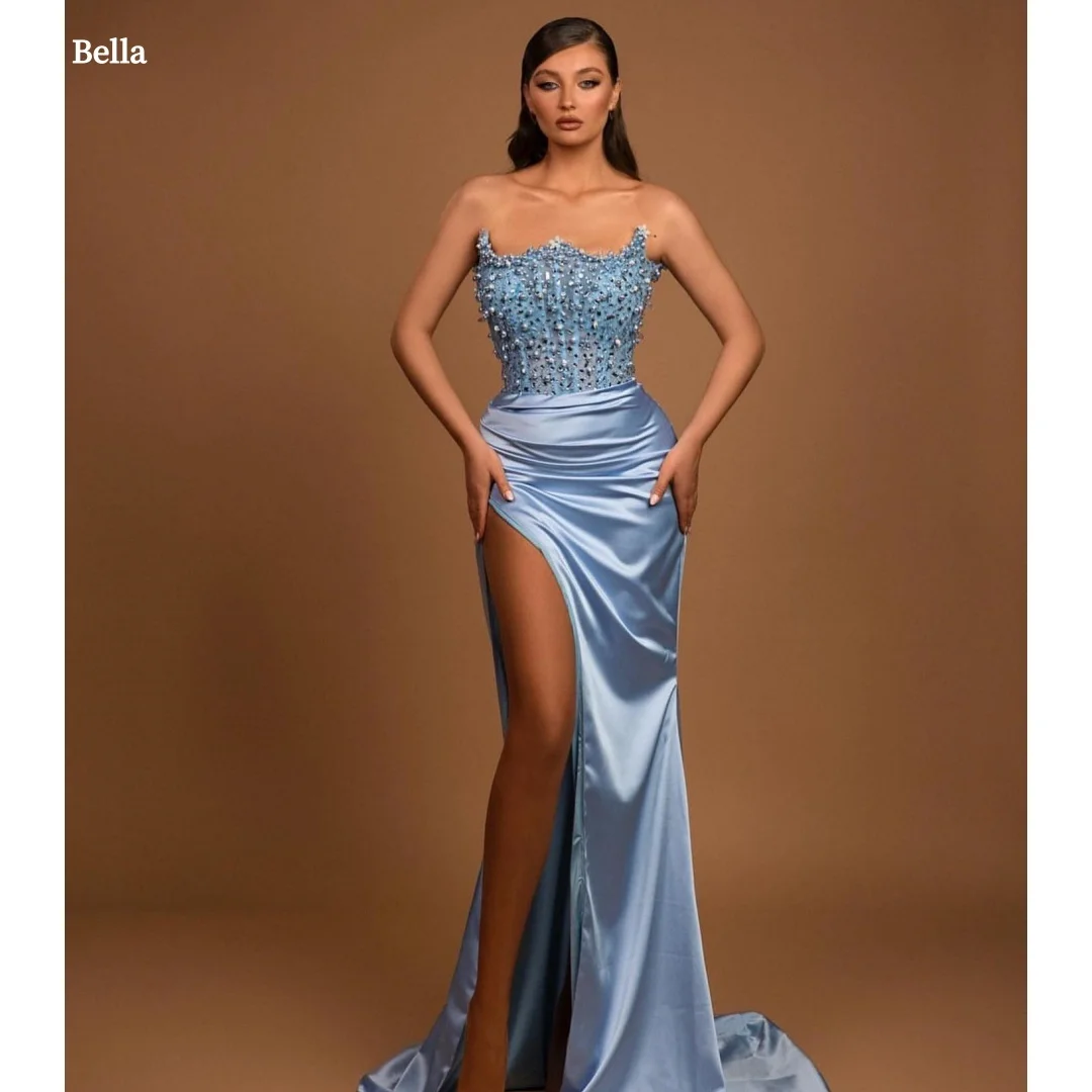 

Bella Customized Blue Mermaid Side Slit robes de soirée Beaded Strapless Backless Party Dresses Floor-Length Prom Dress 2025