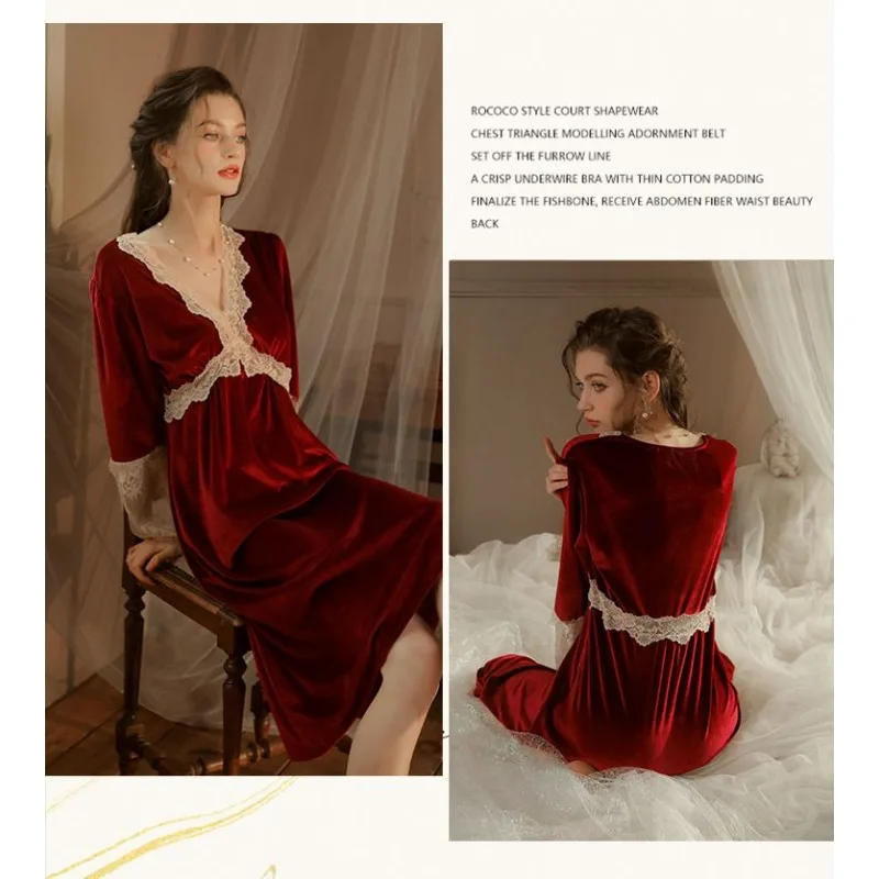 Gold Velvet Nightdress Women Spring Autumn 2024 New Temperament Feminine Long Dress Sexy Nightgowns Sleepwear Pijama Nightwear