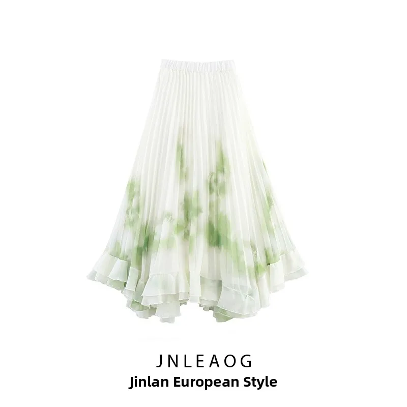 JNLEAOG Wiosenna Nowa Kolekcja Modowa Spódnica do Kolan z Nadrukiem Damska Elegancka Plisowana Spódnica z Włókna Poliestrowego Hanfu Dr