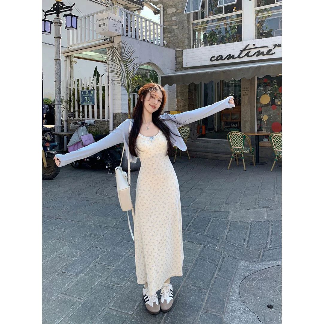 

Summer Bear Print Lace Trim A-Line Long Dress Women's Strap Dress Slimming Waistline Floral Pattern Commute Style Long Sleeve