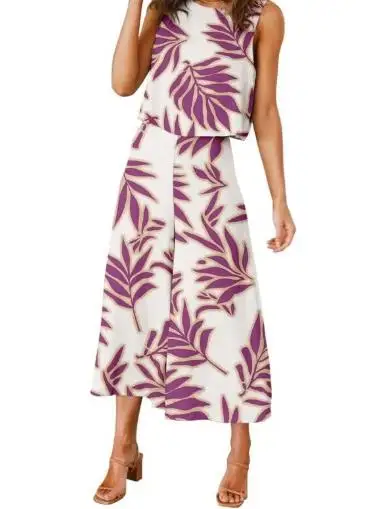 

Women's Summer Round Neck Vest and Seven Quarter Wide Leg Pants Set Elegant 2-Piece Sets for Women
