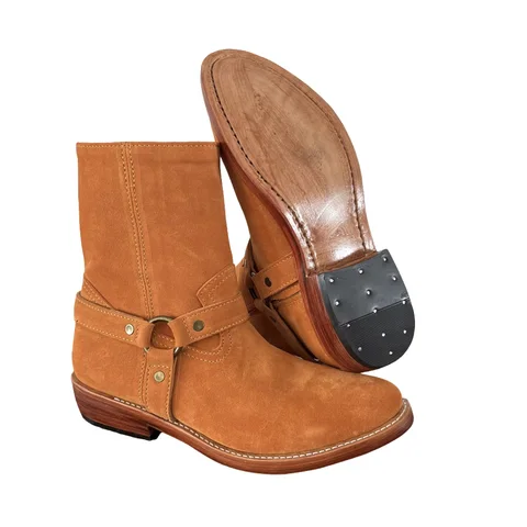 LF800 Men Mid‑Calf Suede Engineer Boots Goodyear Welt Buckle Strap Side Zipper Vintage Motorcycle Retro Boots For Men Daily Wear