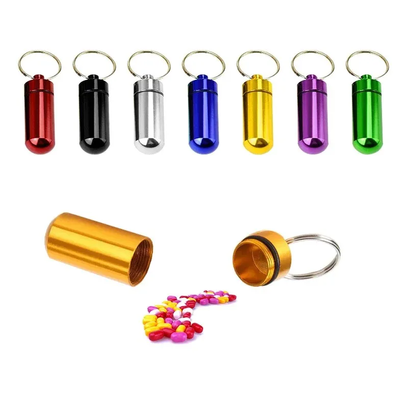 صندوق حبوب دواء صغير محمول مقاوم للماء زجاجة مختومة حاوية تخزين معدنية صغيرة محول لوحي الطب حلية سلسلة مفاتيح لطيفة
