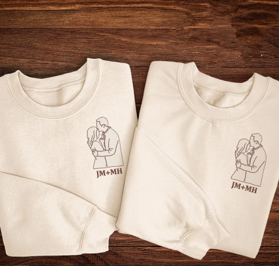 Custom Portrait Embroidered Sweatshirt, Couples Embroidered Sweatshirts, Couple Wedding Portrait Hoodie, Portrait Photo Outline