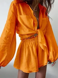 2024 New Women Spring Bohemian Shorts Sets Summer Solid White Loose Fit Outfits Blouse Suit 2 Two Piece Set Female Lounge Wear