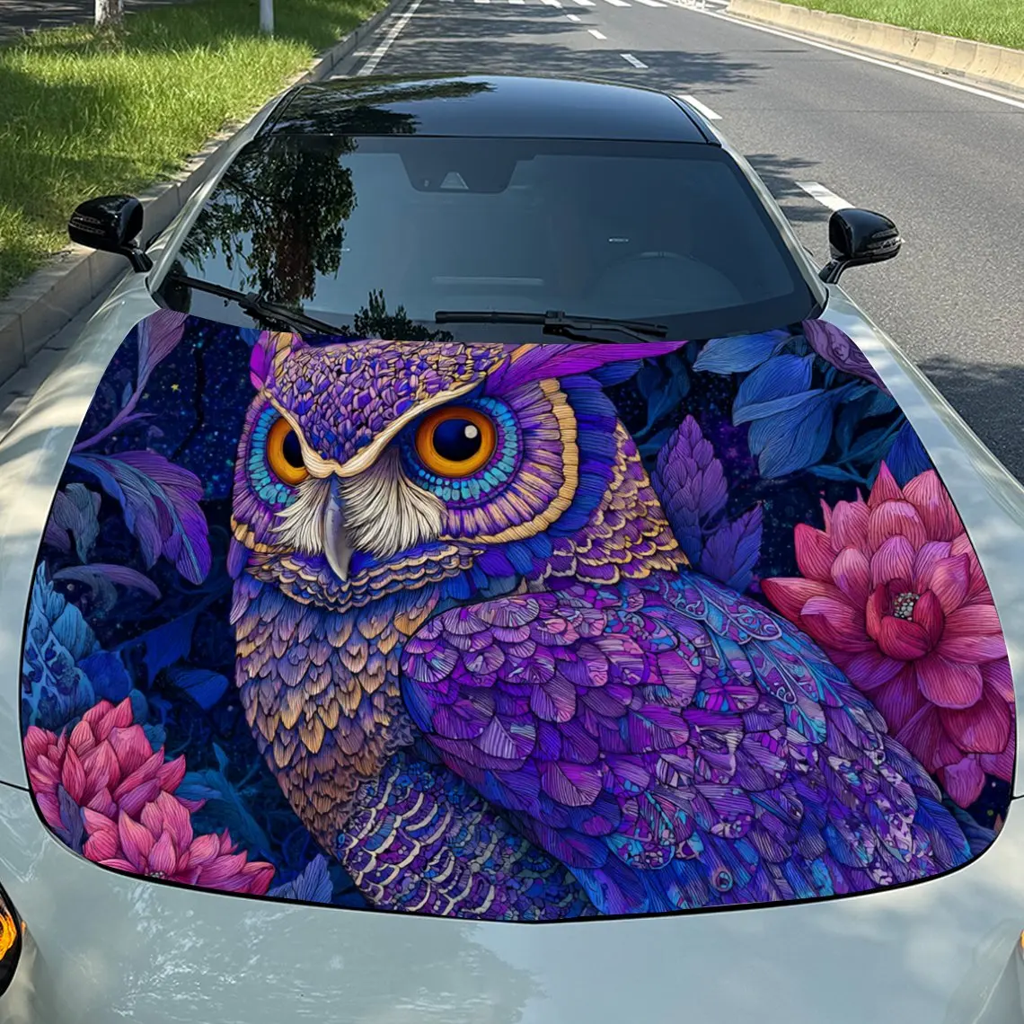 Car Decals Owl with a Dazzling, Intricate and Vividly Colored Background Car Hood Sticker, Waterproof Self - Adhesive Vinyl Grap