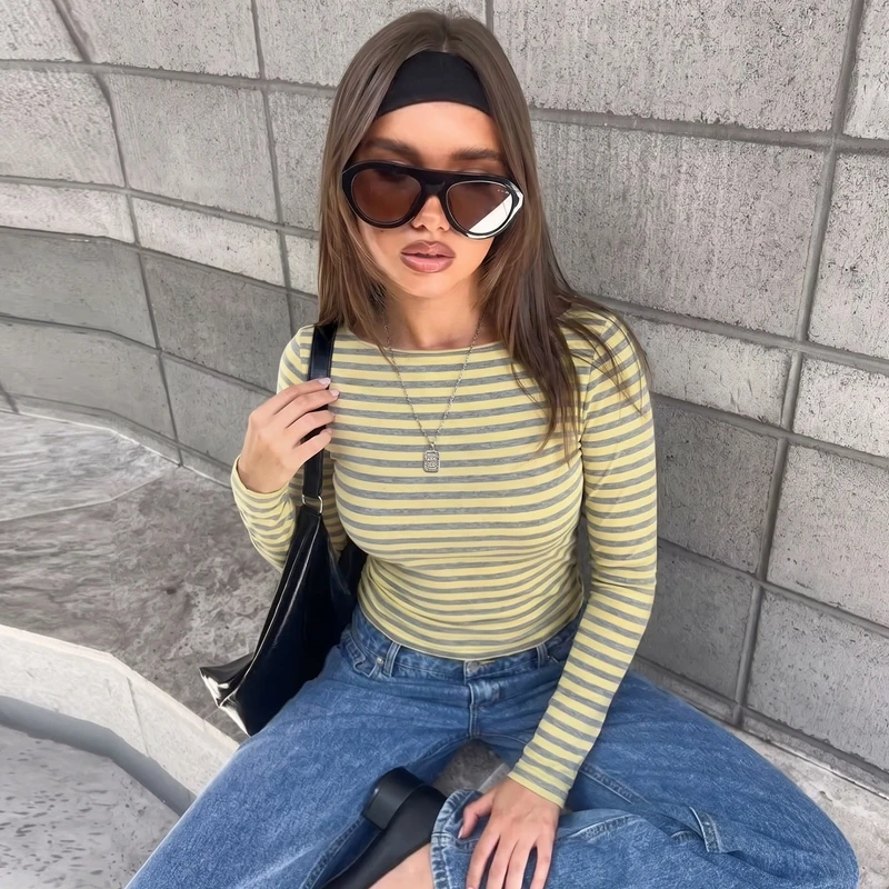 Hugcitar Gestreiftes Farbblock-Langarmshirt, Sexy Slim Fit Crop T-Shirt Top, Herbst Damenmode Kleidung, Streetwear, Party, Club – Detail 20