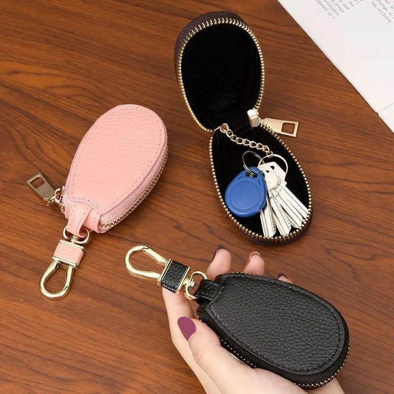 Litchi Textured Car Key Pouch Zipper Key Holder with Metal Buckle Pink Black Rose Red