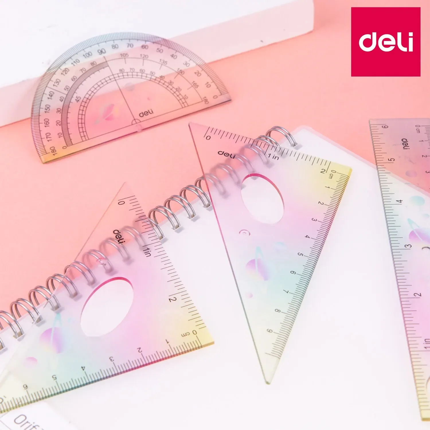 Deli Ruler Set 4pcs/Set PS Plastic Geometry Maths Drawing Compass Stationery Rulers Mathematical for School Random color