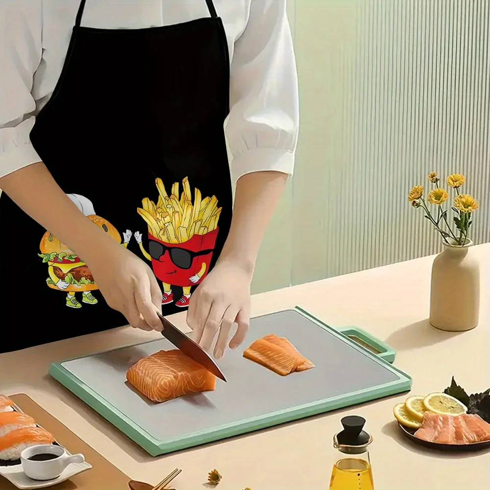 Funny Burger Fries Character Apron, Cute Fast Food Mascot Cooking Bib, Black Kitchen Decor, Humor Gift for Chef Dad
