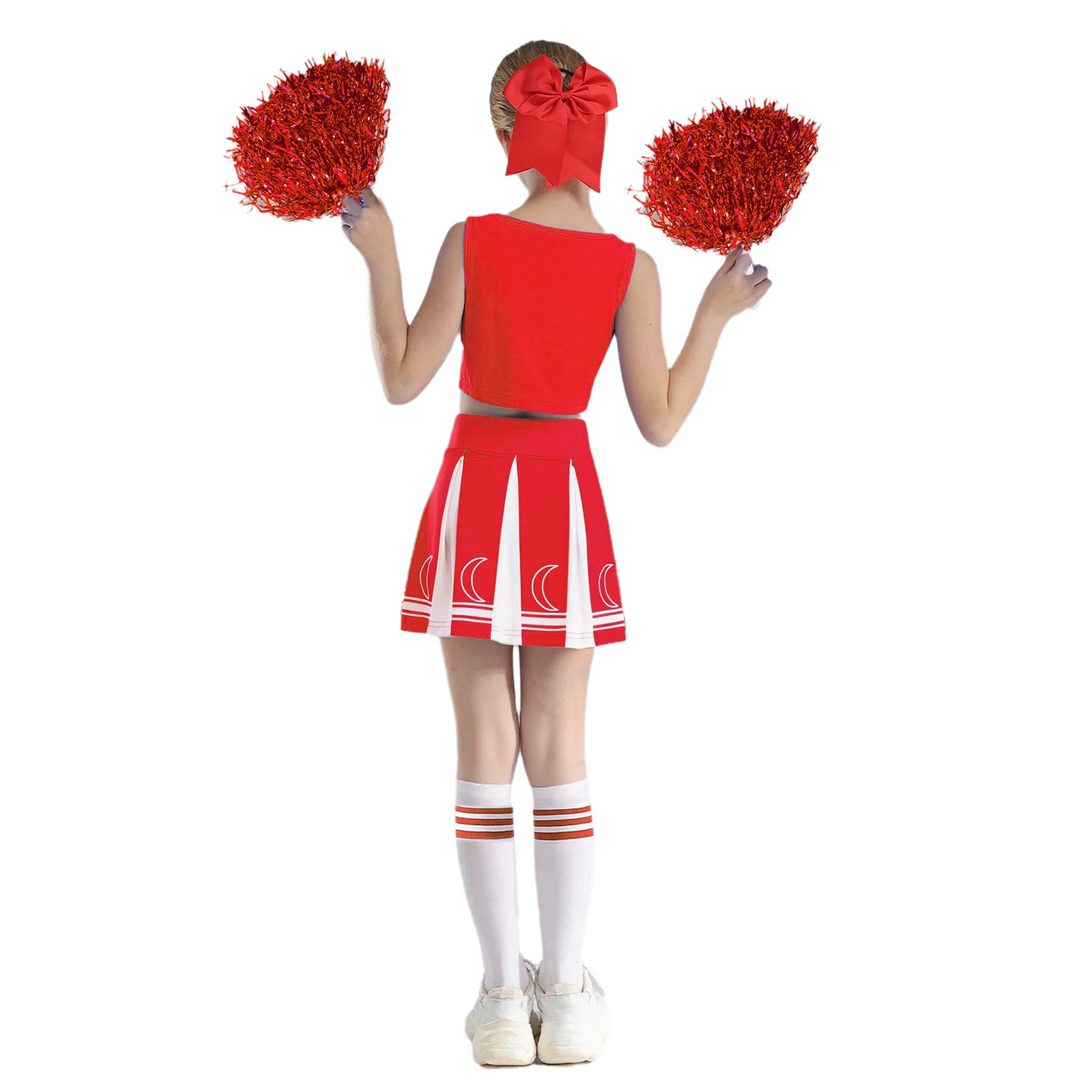 Kids Girls Cheerleading Uniform Dance Outfit Sleeveless Letter Print Crop Top+Pleated Skirt+2Pcs Flower Balls+1 Pair Socks 4Pcs