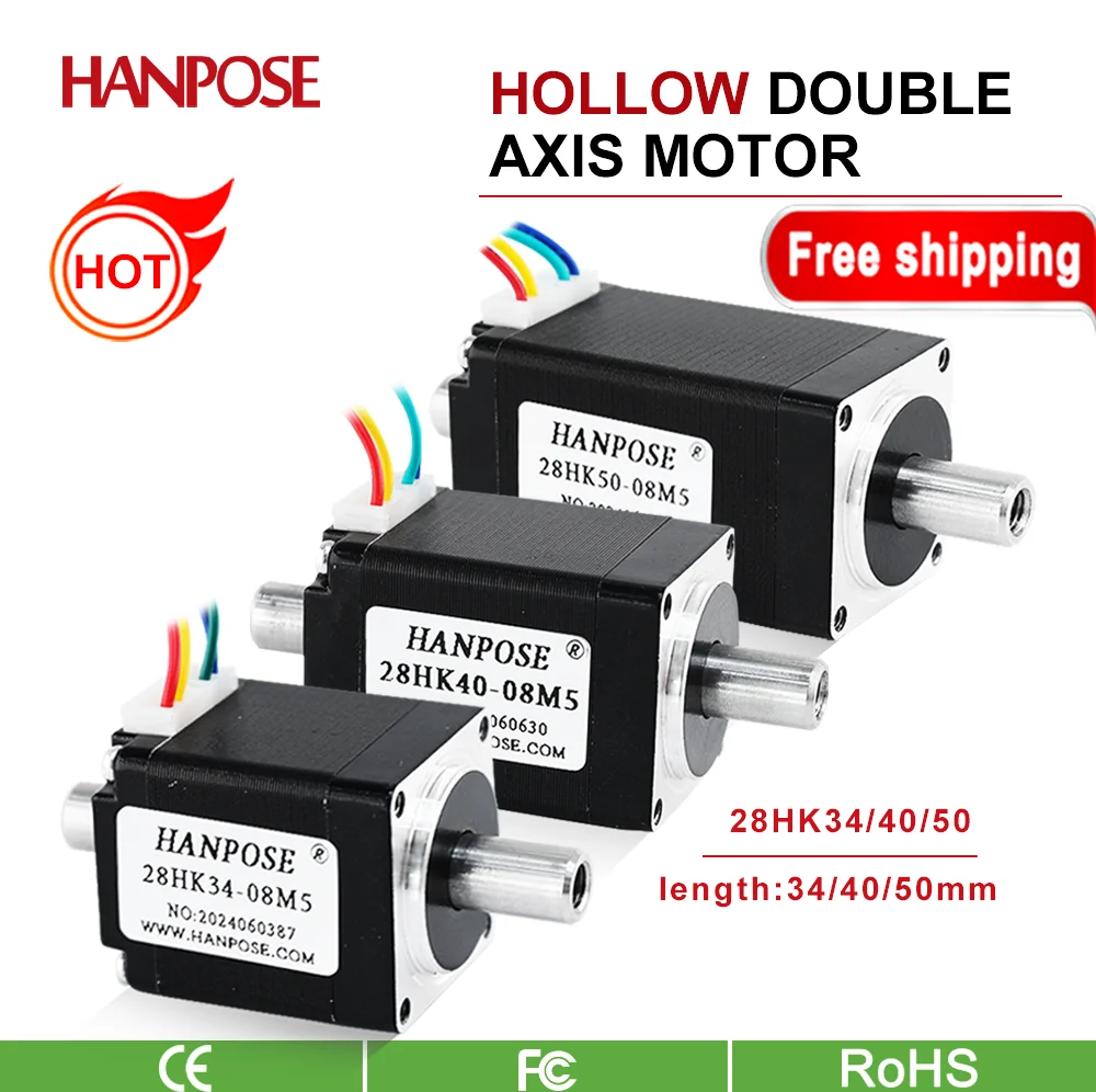 

HANPOSE 28HK34/40/50 полый двухосный шаговый двигатель NEMA11 4,0 в а двухфазный гибридный маленький двигатель с высоким крутящим моментом