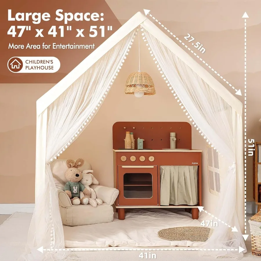 Tente Monobeach Beige, avec rideau en maille longue, grande maison de jeu pour intérieur et extérieur, château de chalet, jouet pour filles et garçons