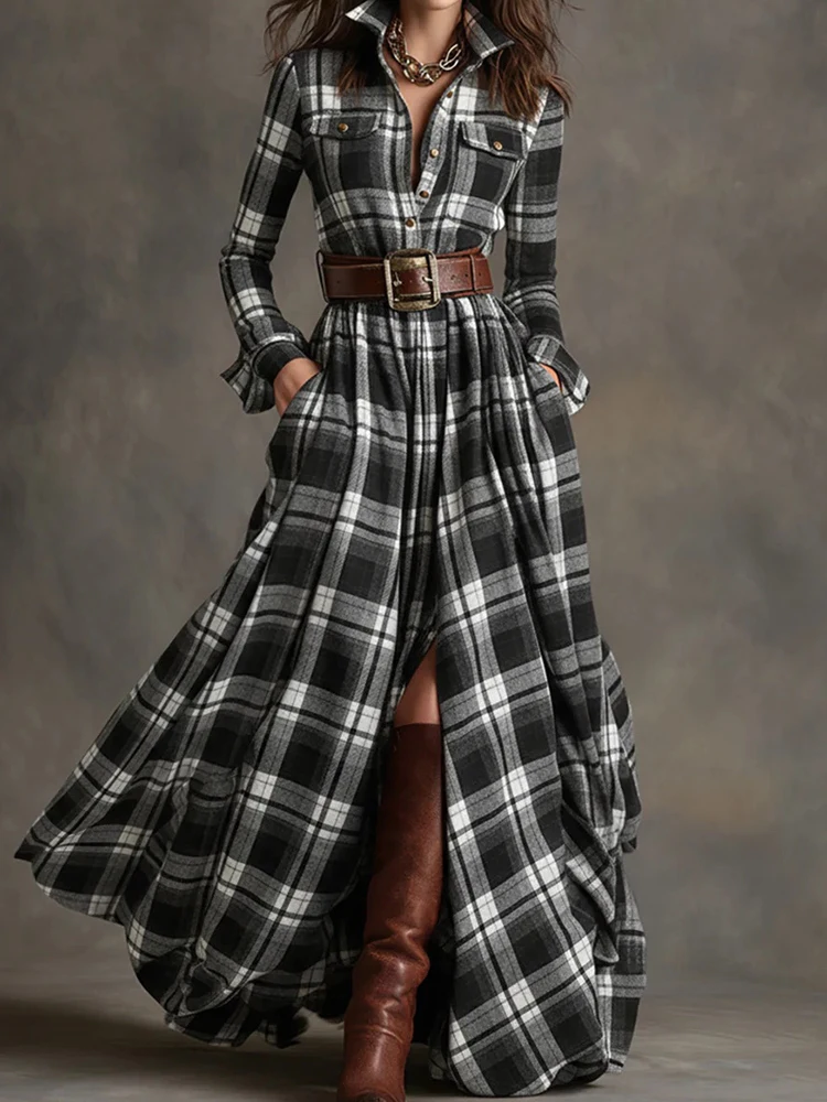 Women Lapel Holiday Chic Maxi Dress, Autumn Plaid Print Patchwork Party Dress, 2025 Long Sleeve Fashion Elegant Ladies Dresses