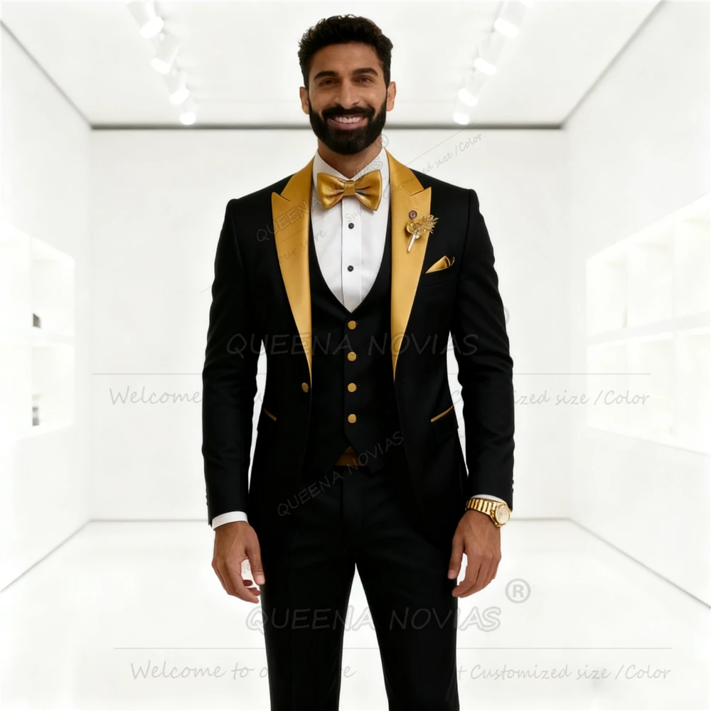 

Elegant Suits Men For Wedding Gold Shawl Lapel Prom Blazer Customized 3 Pieces Sets Groom Tuxedos Man Banquet Party Suit Attire