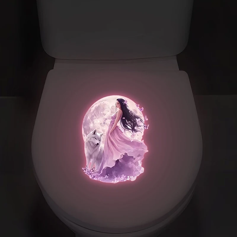 Glow-in-the-Dark Moonlight Fairy Wolf Toilet Sticker Toilet Lid Decoration Wall Decal Self-Adhesive Removable Luminous Decals