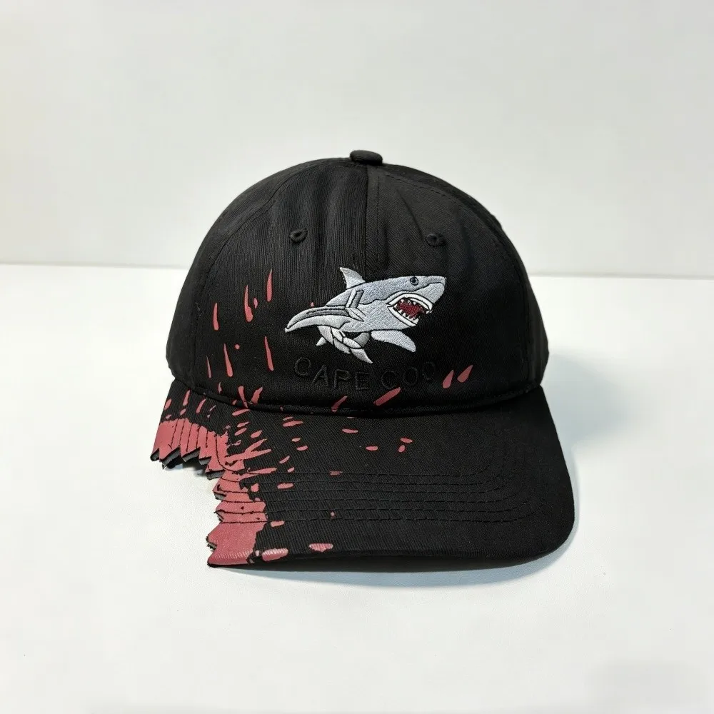 Chomped Brim Design Shark Bite Cap Vibrant Fabric Paint Animal Embroidery Embroidered Baseball Hat Breathable Eyelets