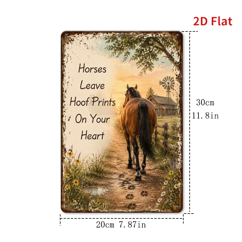 2D Flat, [2Dflat], 1pc 11.81x7.87inch- Horses Leave Hoof Prints On Your Heart Sign, Horse Lover Decorative Sign, Vintage Wall Ar