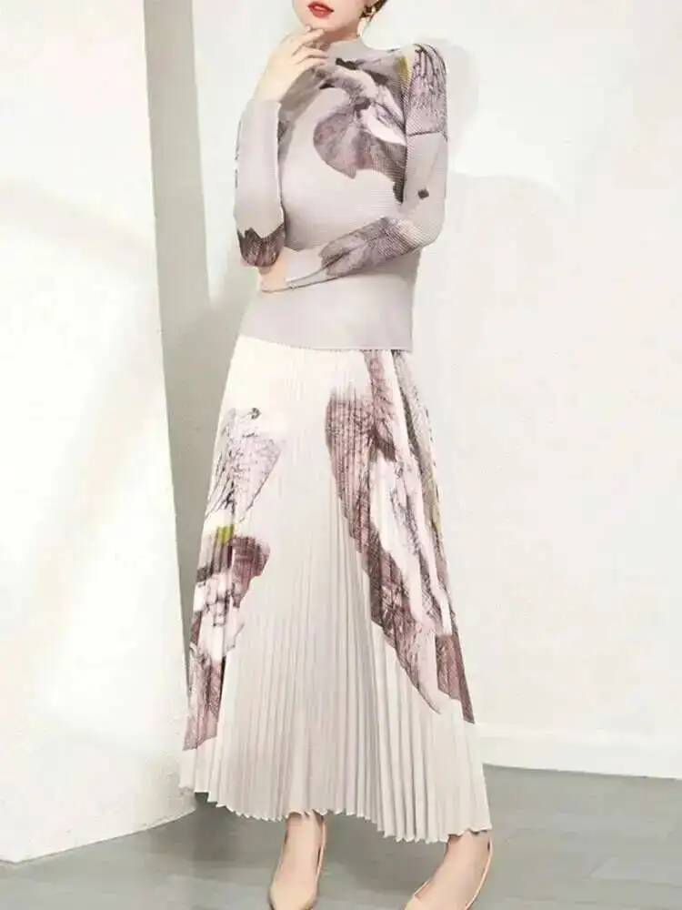 Pieces Skirt 2 Set Women Printing Turtleneck Pleated T-shirt With Long Elastic Waist Skirts Ladies Clothing X0YE