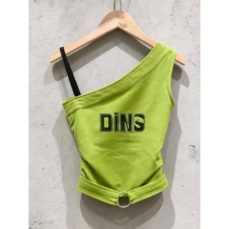 Irregular Shoulder Off-Shoulder Crop Top Women's Letter Print Hollow out Slimming Sexy Short Shirt Metal Buckle Strap Vest