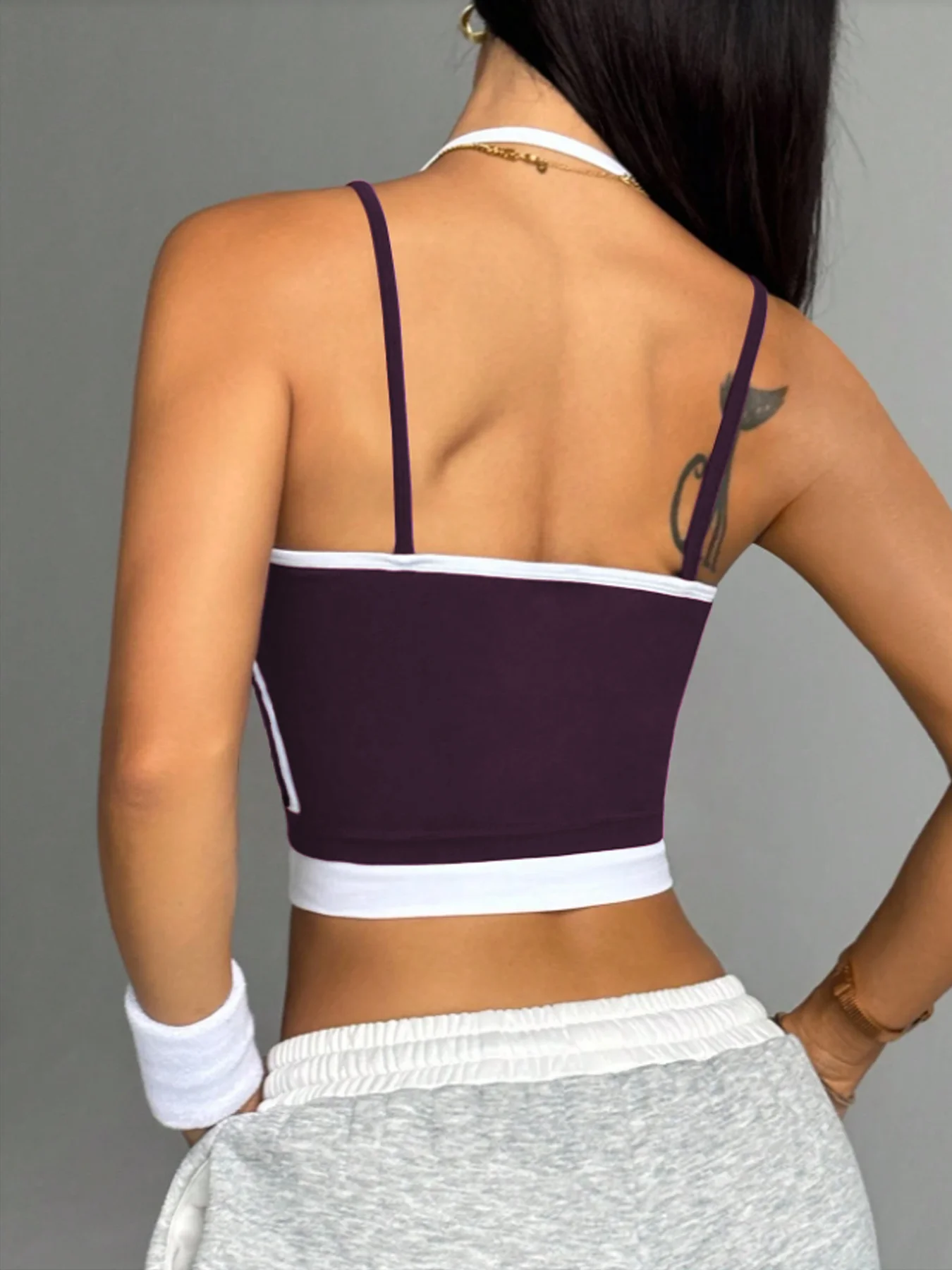 Women Contrast Color Halter Sports Tank Crop Top Double Layer Spaghetti Strap Yoga Tank Top Workout Fitness Running Gym Active