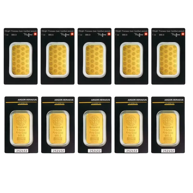 

1~10pcs ARGOR 1 Oz Non-Magnetic Gold Bar Gold Bullion Replica 24k Gold Plated Brass Collectible Coin Bar