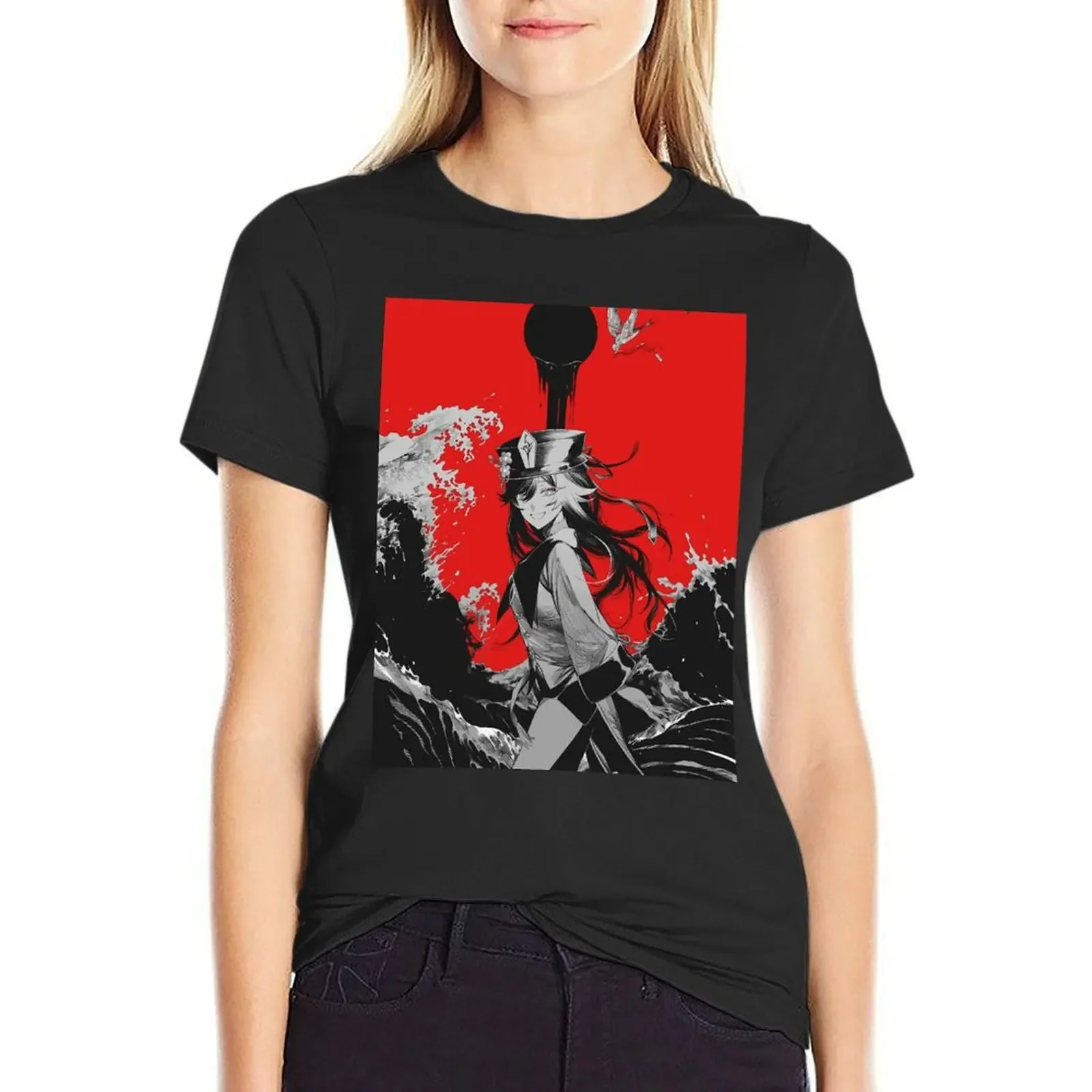 

Hu Tao Great Wave T-Shirt animal prinfor tops funny Blouse Women's clothing