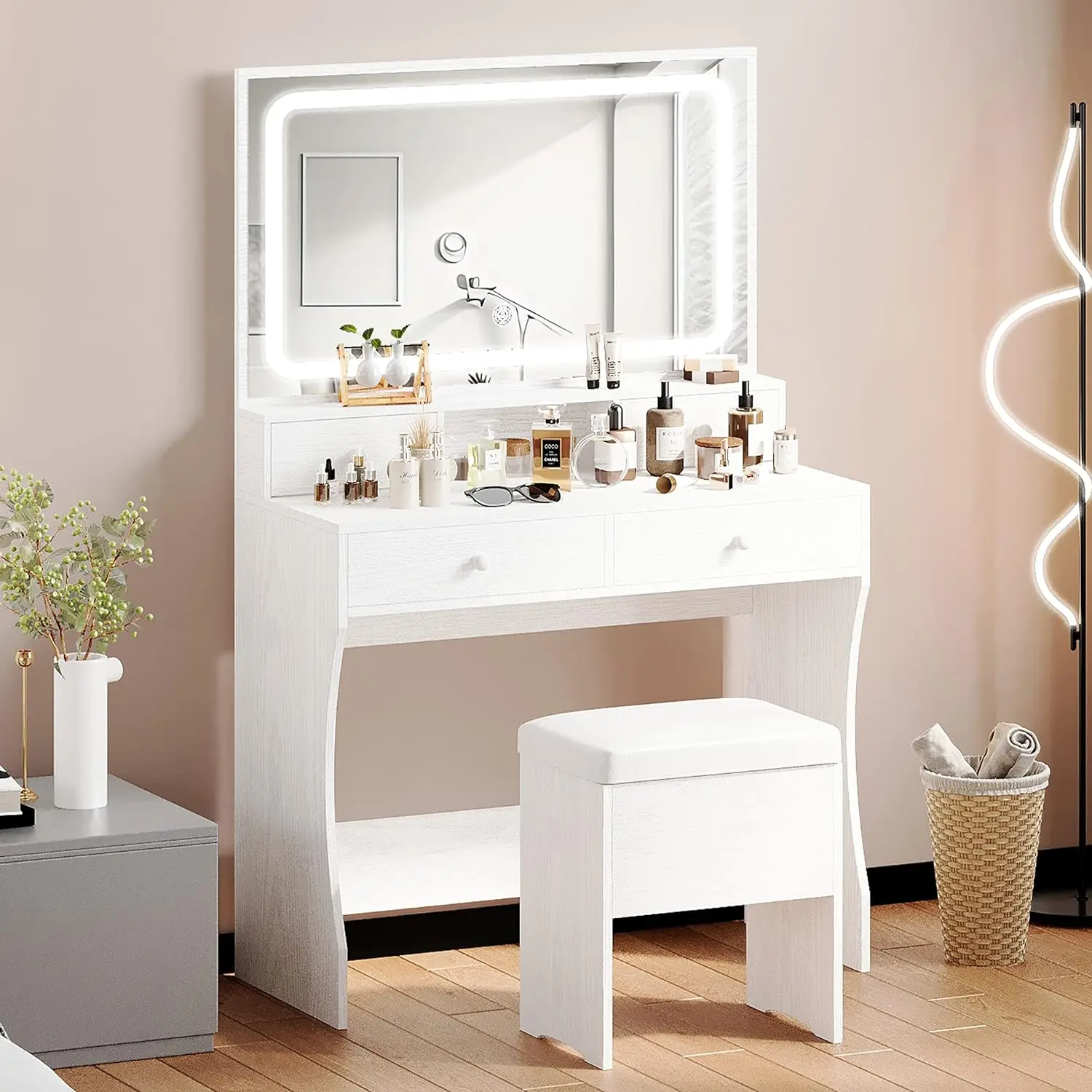 IRONCK Vanity Desk Set with LED Lighted Mirror & Power Outlet, Makeup Vanity Table with 4 Drawers,