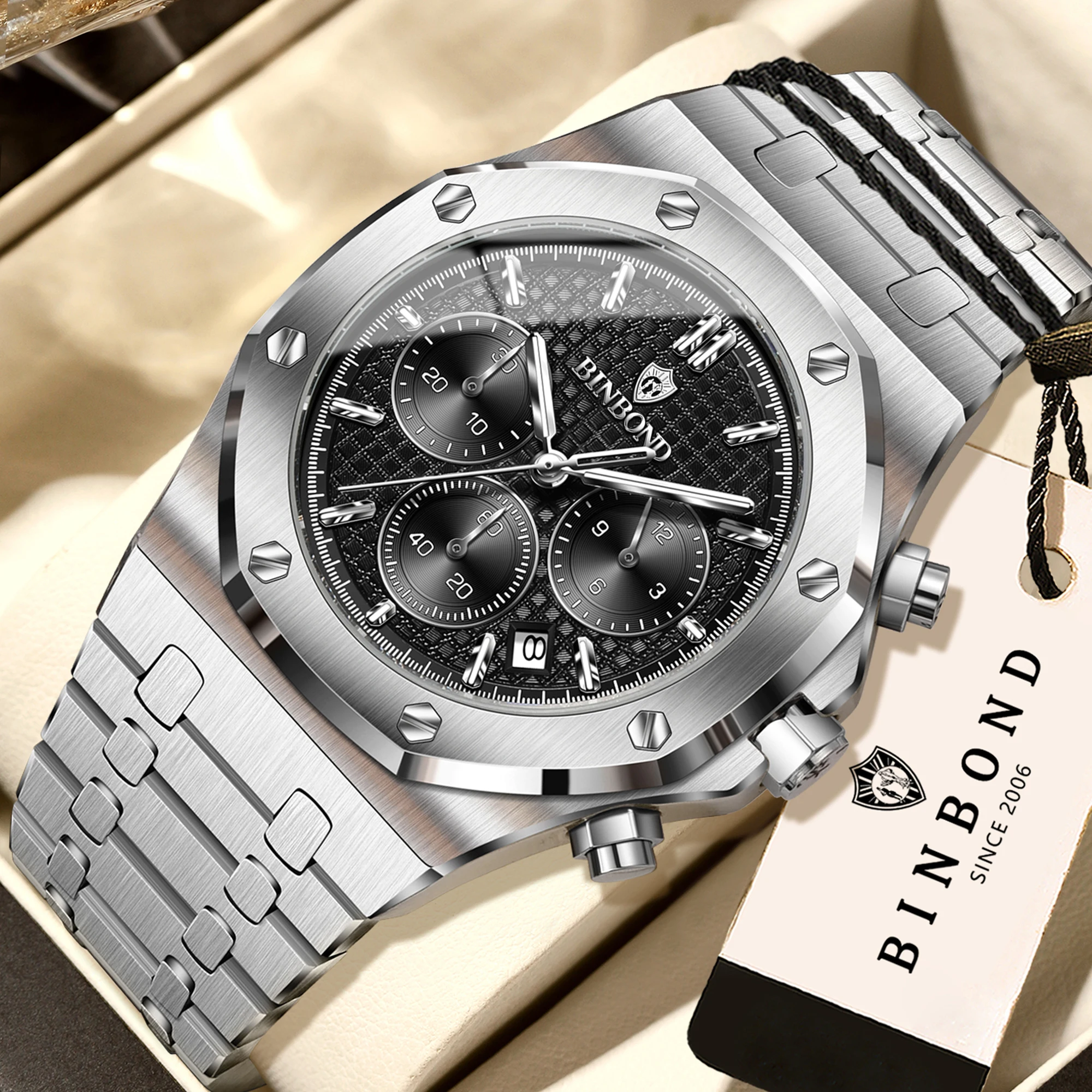 BINBOND Original Quarz-Armbanduhren für Herren Leuchtende Chronograph Wasserdichte Herrenuhr Edelstahl Luxus Reloj Hommes