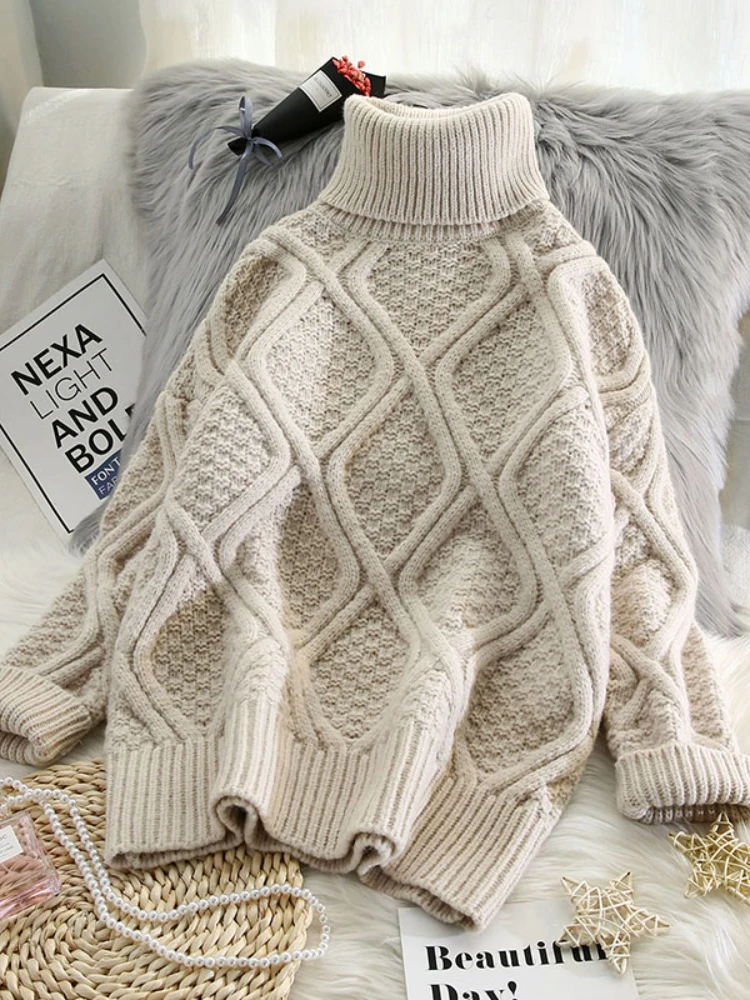 

plaid turtleneck knitted women sweaters solid thicken warm loose all match pulls outwear coat tops